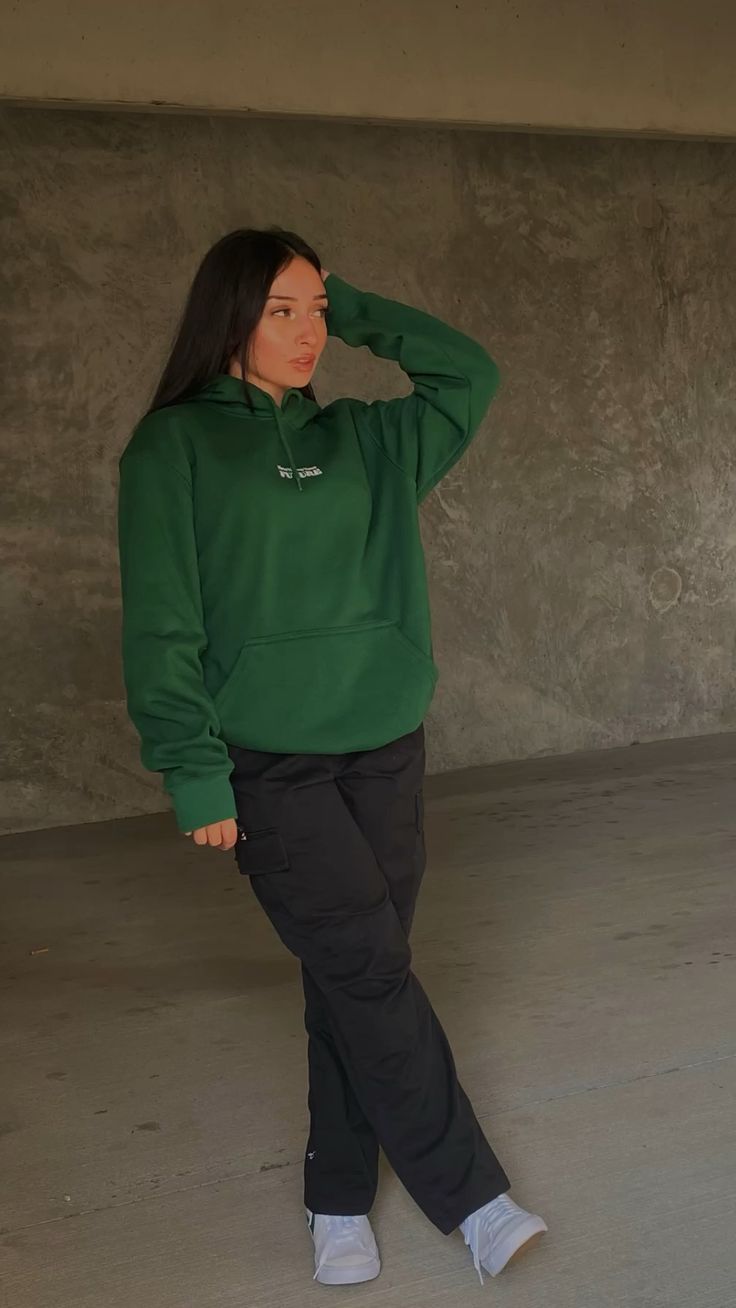 Green Hoodie and Black Cargo Pants